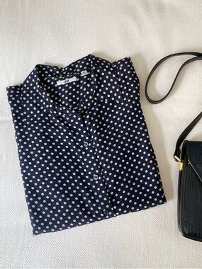 Uniqlo Navy Polka Dot Silk Button Up Shirt Blouse